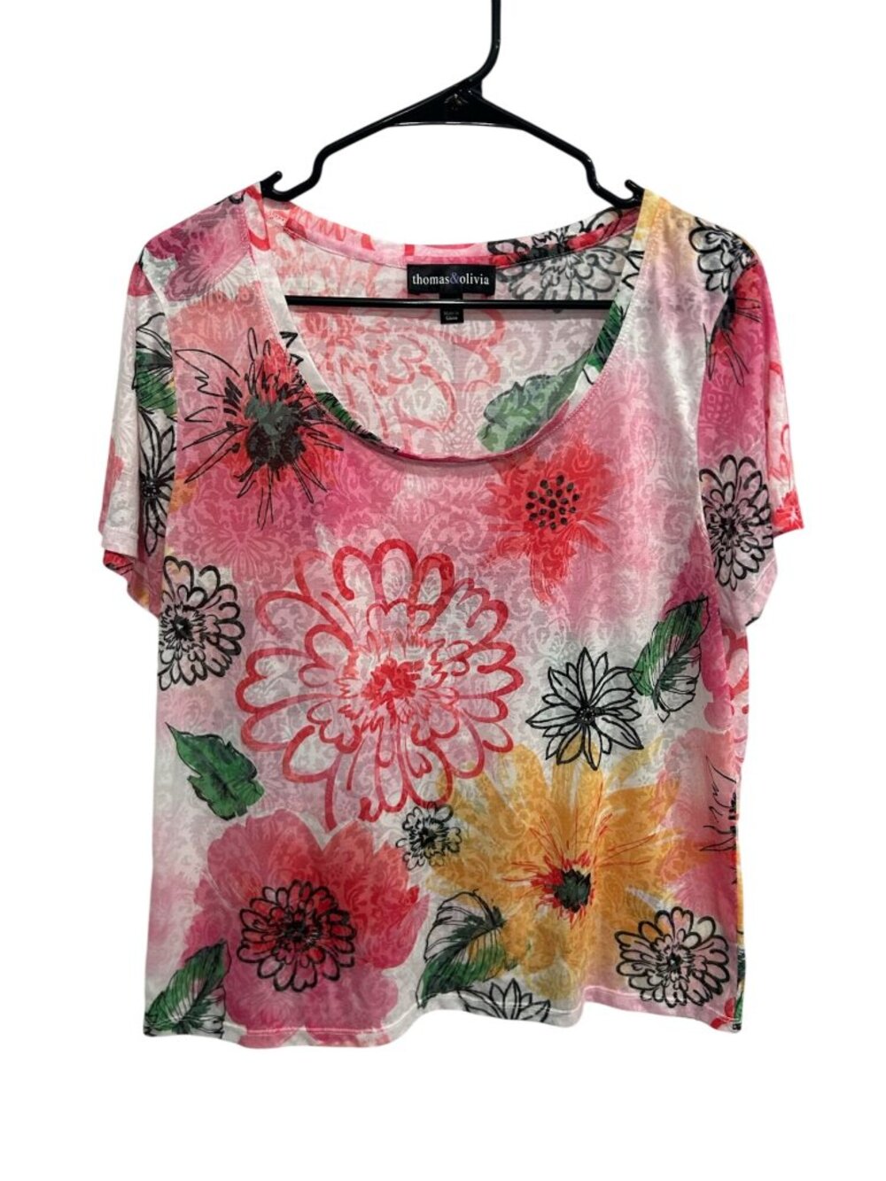 Thomas & Olivia XL Floral Print Short Sleeve Top Multicolor Scoop Neck Boho Chic